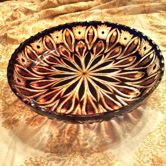 Vintage Czech Bohemian Cut to Clear 12.5" Bowl Feather Pattern Brown Orange - Picture 13 of 16